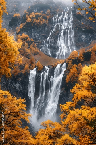 Majestic waterfall cascades down a mountainside in autumn. Stunning nature scene with vibrant fall colors. © dekreatif
