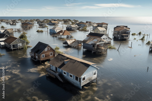 Group of houses flooded by water photrealistic aerial view photo