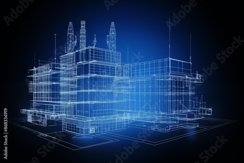 Industrial building wireframe blueprint white on blue dark background