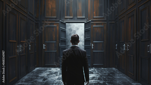 Businessman in uncertainty concept with many doors, 32k, full ultra hd, high resolution --ar 16:9