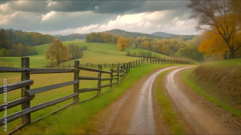 In Buena Vista, Virginia's Rockbridge County, a farm with a fence, a foggy fall day and a dirt road driveway on a hill