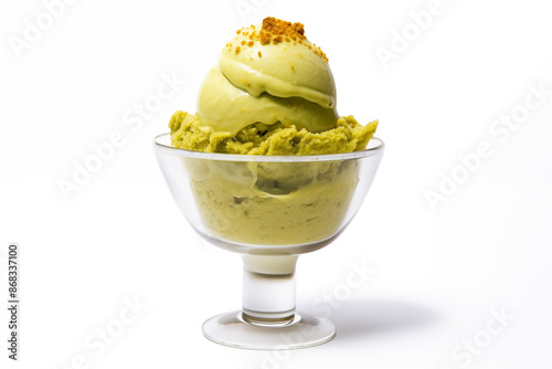 Matcha ice cream with sprikles on top side-angled isolated on white background photo