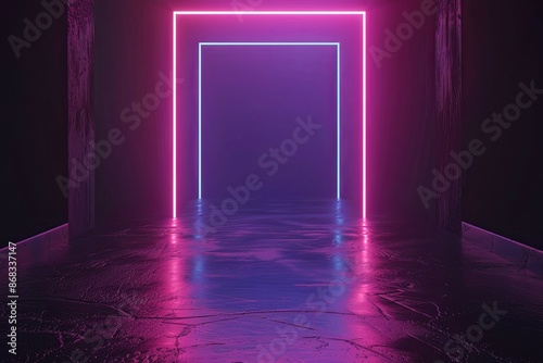 Neon Glowing Doorway. Futuristic, Abstract Background with Vibrant Pink and Blue Lights © dekreatif