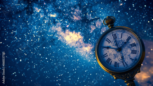 Vintage Watch Face Against Starry Night Sky: Evoking Philosophy of Space and Time, Old Watch on Celestial Background, Exploring the Dimensions of Space-Time Philosophy, Clock Face on Night Sky,  photo