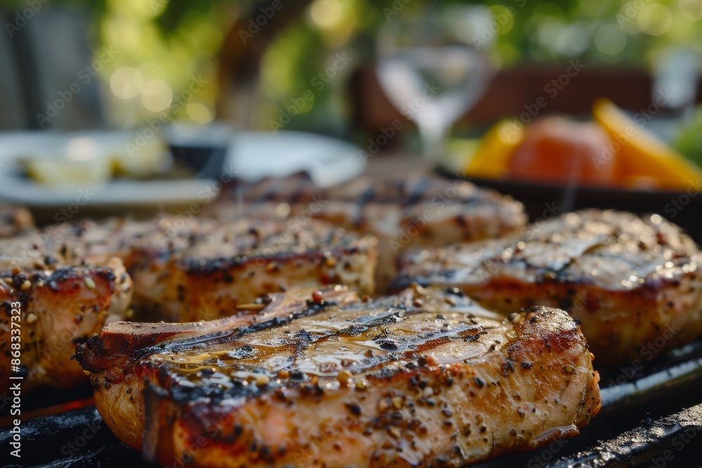Perfectly Grilled Pork Chops with Seasoning in a Rustic Outdoor Dinner Setting Perfectly Grilled Pork Chops with Seasoning in a Rustic Outdoor Dinner Setting
