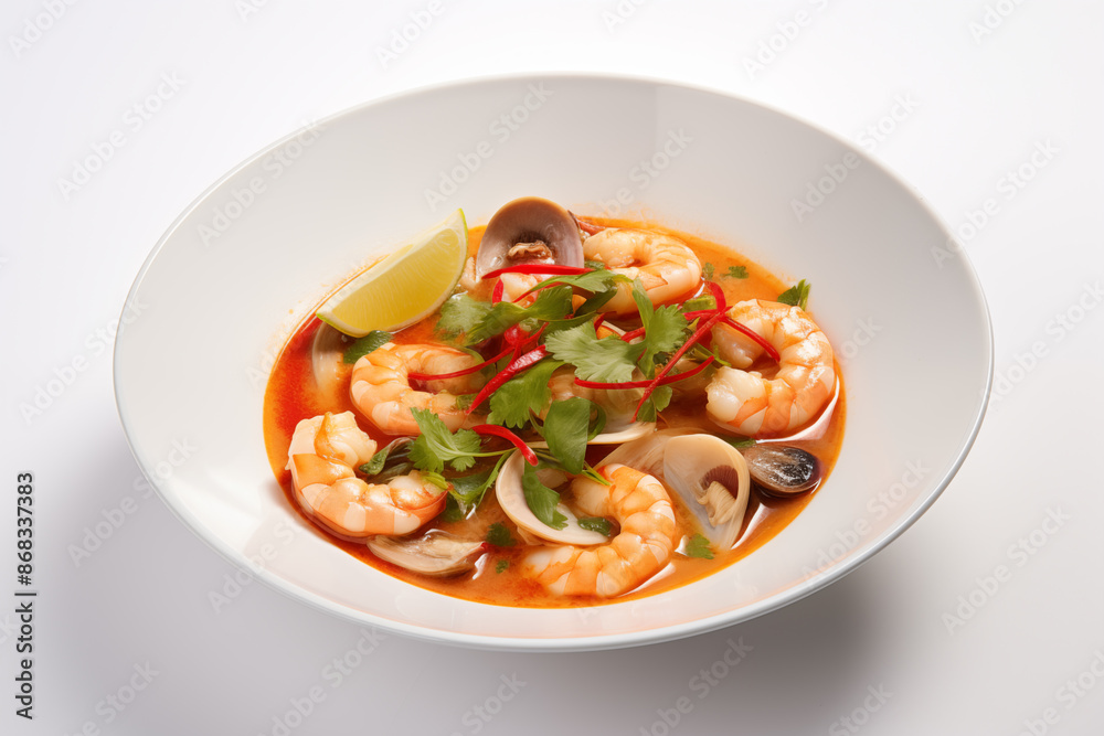 Spicy Tom Yum with shrimp mushrooms and lime on white background Spicy Tom Yum with shrimp mushrooms and lime on white background