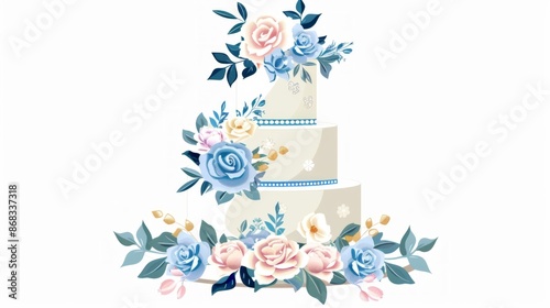 Design a vector image of a wedding cake adorned with elegant flowers and intricate designs, placed on a solid white background to emphasize its sophistication