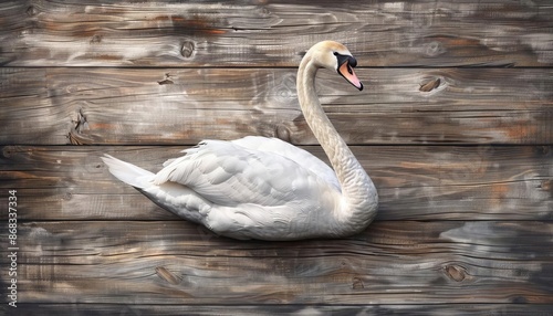 Fototapeta Naklejka Na Ścianę i Meble -  Elegant white swan on a wooden background, high contrast, detailed, realistic illustration