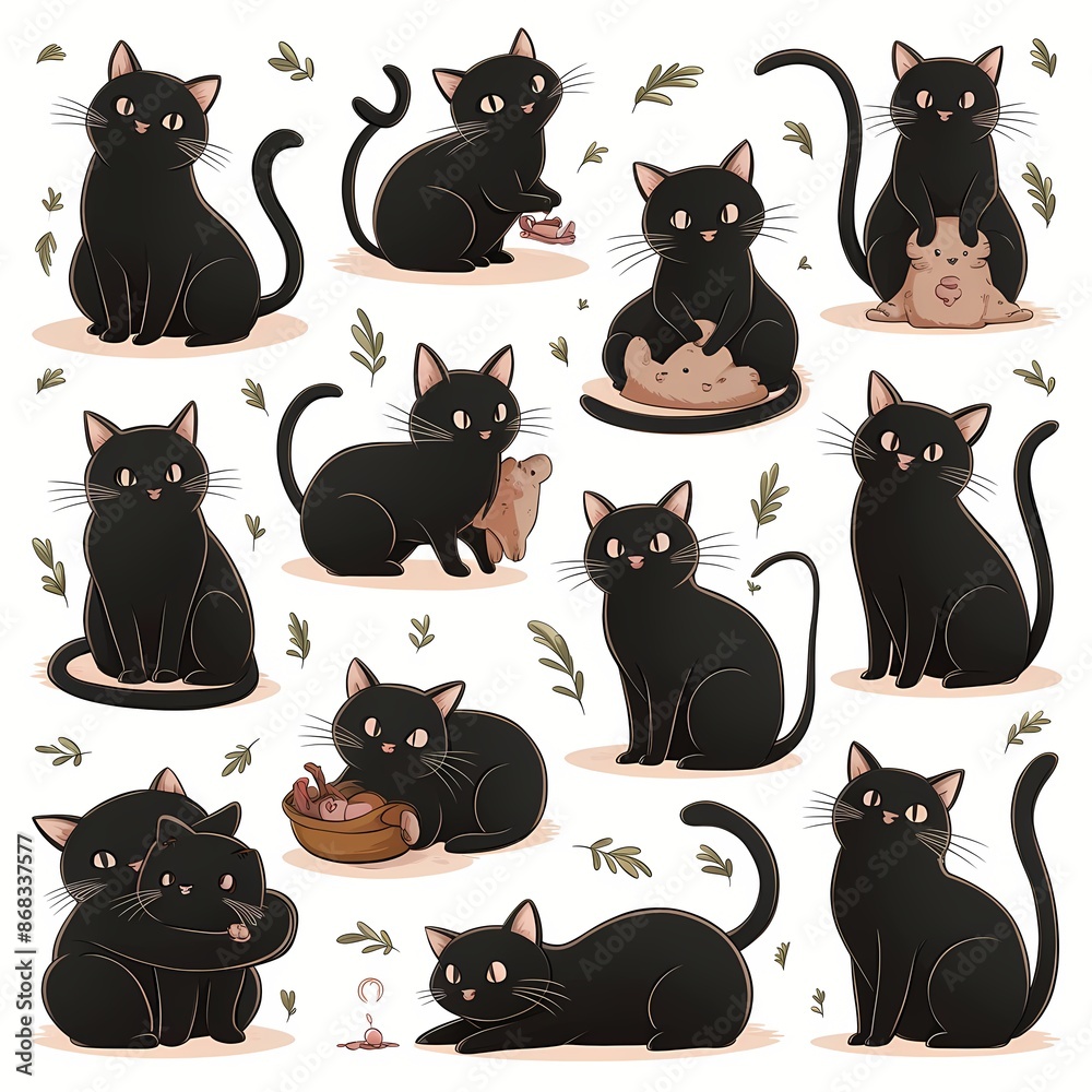 A delightful and captivating illustration of an ensemble of adorable black cats, each exhibiting its own charm and personality. A delightful and captivating illustration of an ensemble of adorable black cats, each exhibiting its own charm and personality.