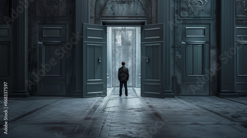 Businessman in uncertainty concept with many doors, 32k, full ultra hd, high resolution --ar 16:9