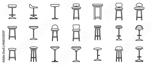 set bar chair icons isolated on white, outline barchair icons 