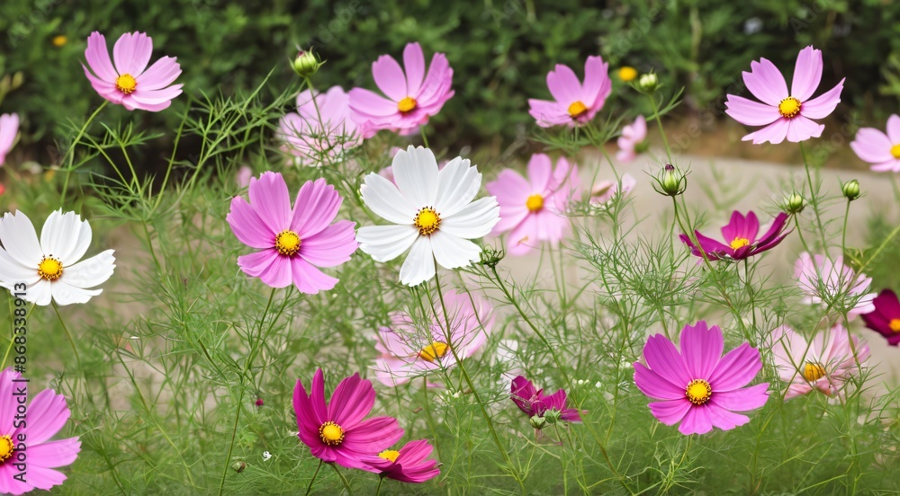 Obraz premium Pink, white and purple cosmos flowers growing wildly in a garden