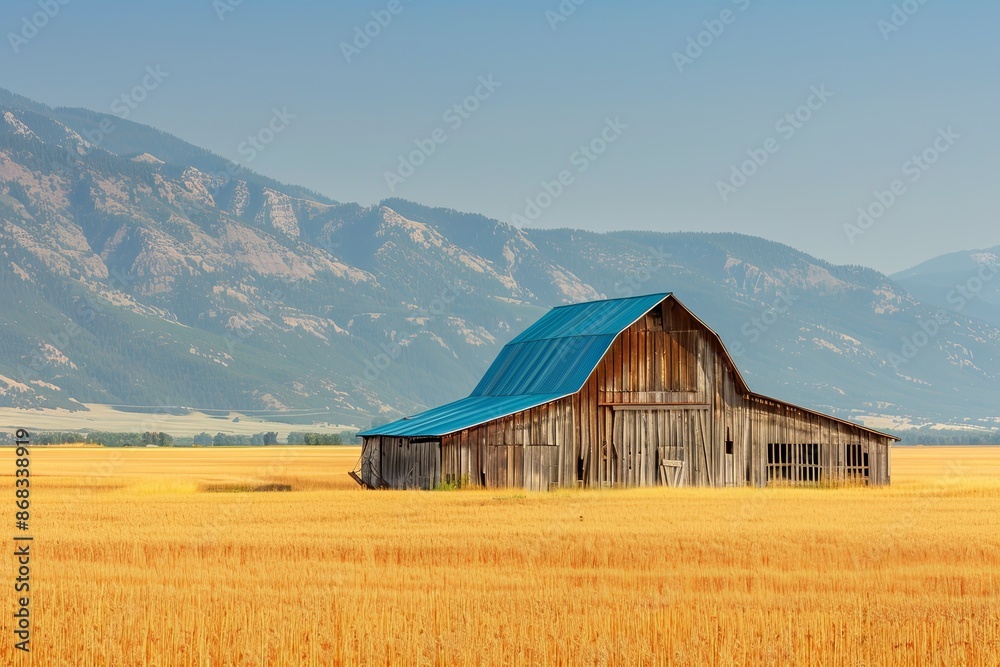 Rustic Barn in Golden Field with Mountain Vista. Serene Countryside Landscape Rustic Barn in Golden Field with Mountain Vista. Serene Countryside Landscape