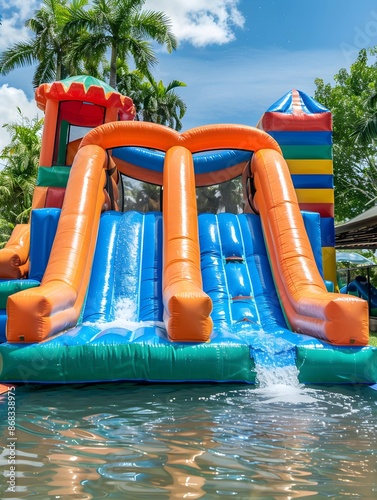 inflatable bounce house with slide and pool in a water park 