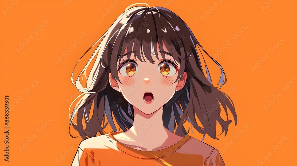 Anime girl with surprise expression on her face, shocked face with orange color background Anime girl with surprise expression on her face, shocked face with orange color background