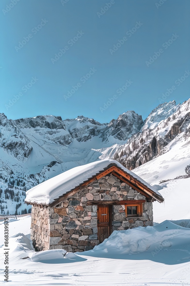 Rustic Stone Cabin Nestled in Snow-Covered Mountains. Winter Wonderland Rustic Stone Cabin Nestled in Snow-Covered Mountains. Winter Wonderland