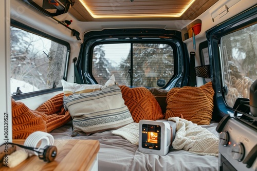Cozy Camper Van with Portable Heater - Modern, Space-Saving Furniture for Comfortable Travel