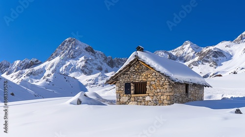 Stone mountain hut covered in snow with a breathtaking view of snowy mountain peaks on a clear winter day. Concept of adventure, winter holidays, and escape.