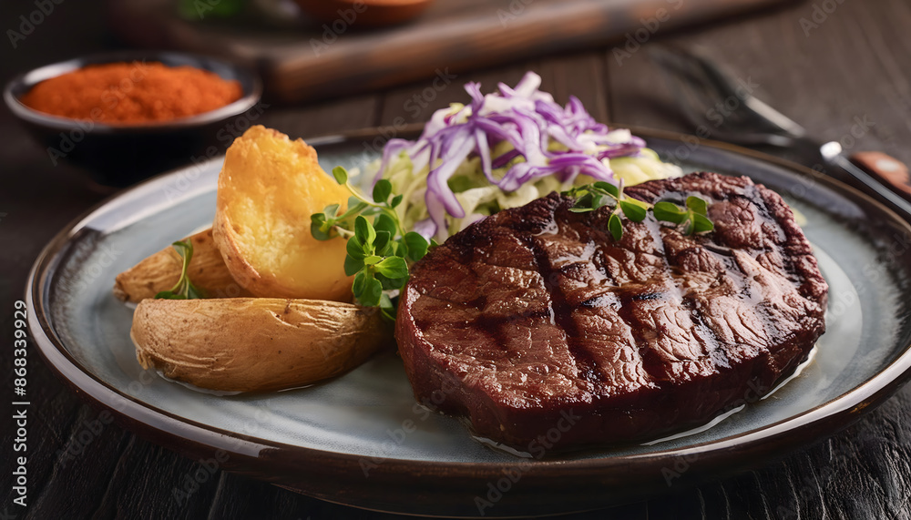 steak, filet, mit, bratkartoffeln, close up, essen, kraut, neu, salat, krautsalat, gegrillt, steakhaus, gastronomie, modern, rosmarin, anlasser, board, auf, holz, Gourmet deli, modern, fleisch, makro steak, filet, mit, bratkartoffeln, close up, essen, kraut, neu, salat, krautsalat, gegrillt, steakhaus, gastronomie, modern, rosmarin, anlasser, board, auf, holz, Gourmet deli, modern, fleisch, makro