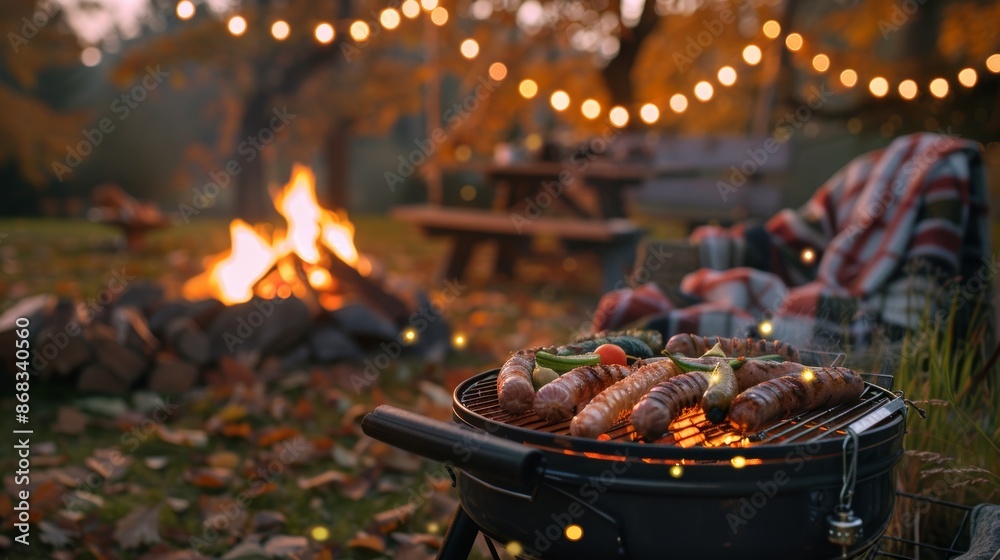 Cozy Fall Backyard Barbecue with Grilled Sausages, Fire Pit, and Friends Under String Lights Cozy Fall Backyard Barbecue with Grilled Sausages, Fire Pit, and Friends Under String Lights