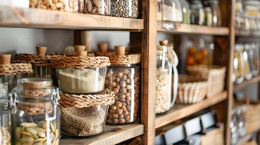 organized pantry shelves with labeled baskets