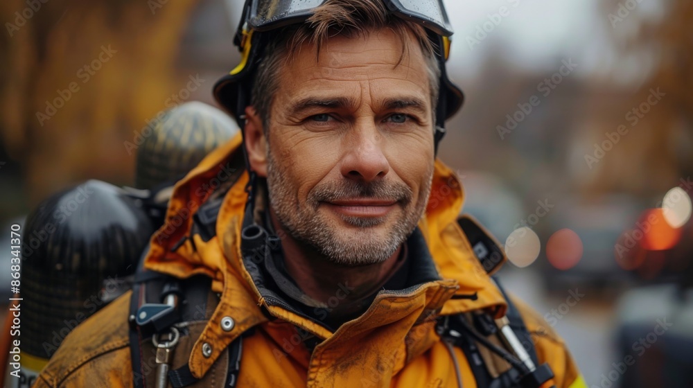 Obraz premium Firefighter with a helmet promoting International Fire