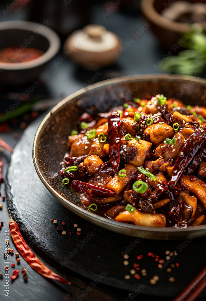 Artfully arranged chili mushroom dish on a black plate with dry red chilies, coriander leaves, and spices, restaurant-style cooking Artfully arranged chili mushroom dish on a black plate with dry red chilies, coriander leaves, and spices, restaurant-style cooking