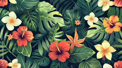 The image is a vibrant and colorful tropical floral pattern. It features a variety of flowers and leaves, rendered in a stylish retro Aloha theme.