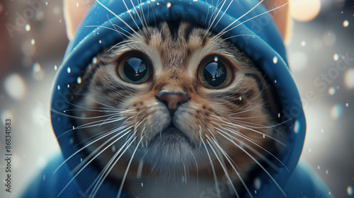 Close up photo of 3D cat in blue oversize hoodie, 32k, full ultra hd, high resolution --ar 16:9