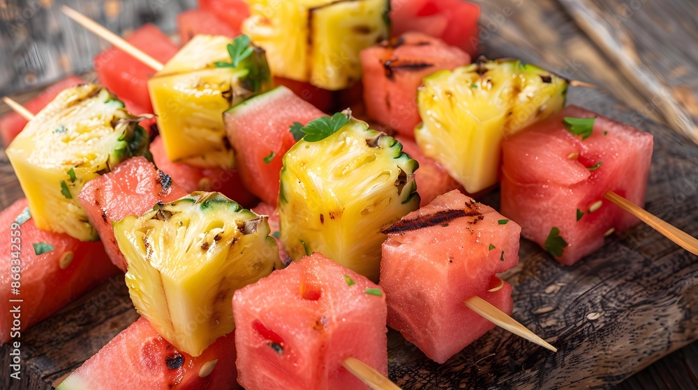 skewer with cubes of watermelon and pineapple pieces skewer with cubes of watermelon and pineapple pieces