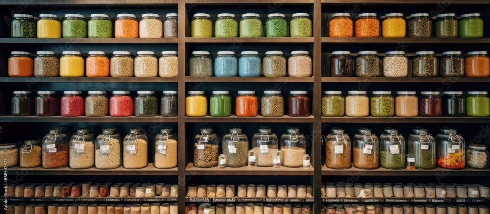 Shelves Filled with Glass Jars of Spices and Grains Shelves Filled with Glass Jars of Spices and Grains