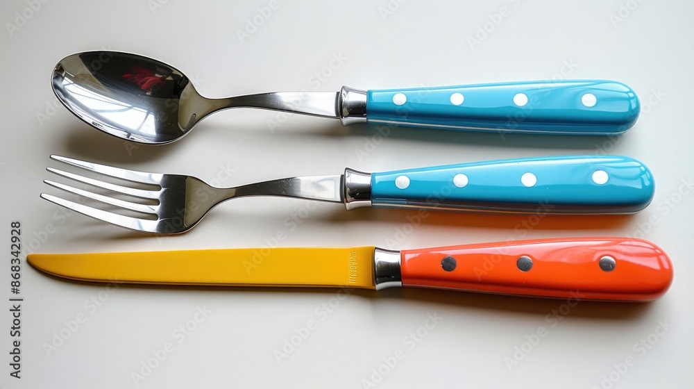 A vibrant and colorful flatware set with knife, fork and spoon against a white background A vibrant and colorful flatware set with knife, fork and spoon against a white background