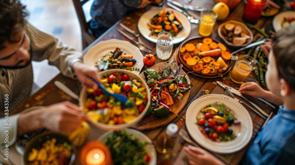 Family Enjoying a Colorful Meal with Exotic Vegetables and Unique Flavors for Festive Celebration Family Enjoying a Colorful Meal with Exotic Vegetables and Unique Flavors for Festive Celebration