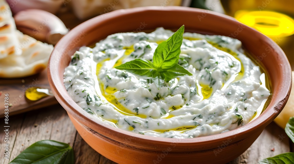 tzatziki in a ceramic dish with olive oil drizzle tzatziki in a ceramic dish with olive oil drizzle