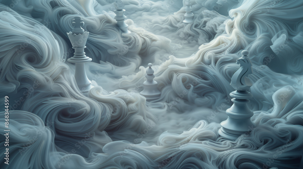 Close-Up of Chess Pieces in Ethereal Swirling Mist, Surreal Artistic Composition Close-Up of Chess Pieces in Ethereal Swirling Mist, Surreal Artistic Composition
