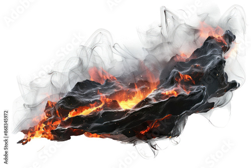 Burning black charcoal with fiery yellow flames and billowing white smoke, depicting heat and energy. photo