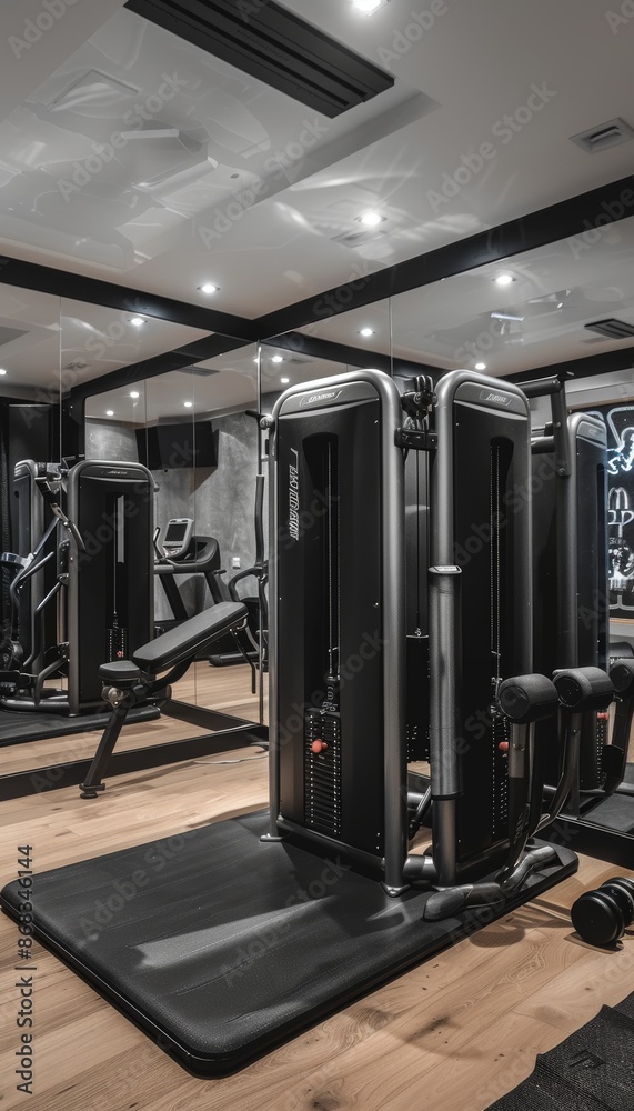 Fototapeta premium Home Gym with Ceramic Heater, Exercise Equipment, Mirrors, and Motivational Posters
