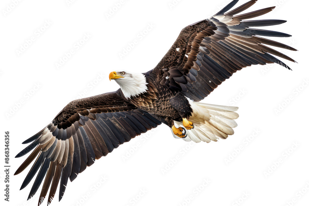 A majestic bald eagle soars through the air with its wings spread wide, showcasing its powerful form and striking features against a transparent background. A majestic bald eagle soars through the air with its wings spread wide, showcasing its powerful form and striking features against a transparent background.