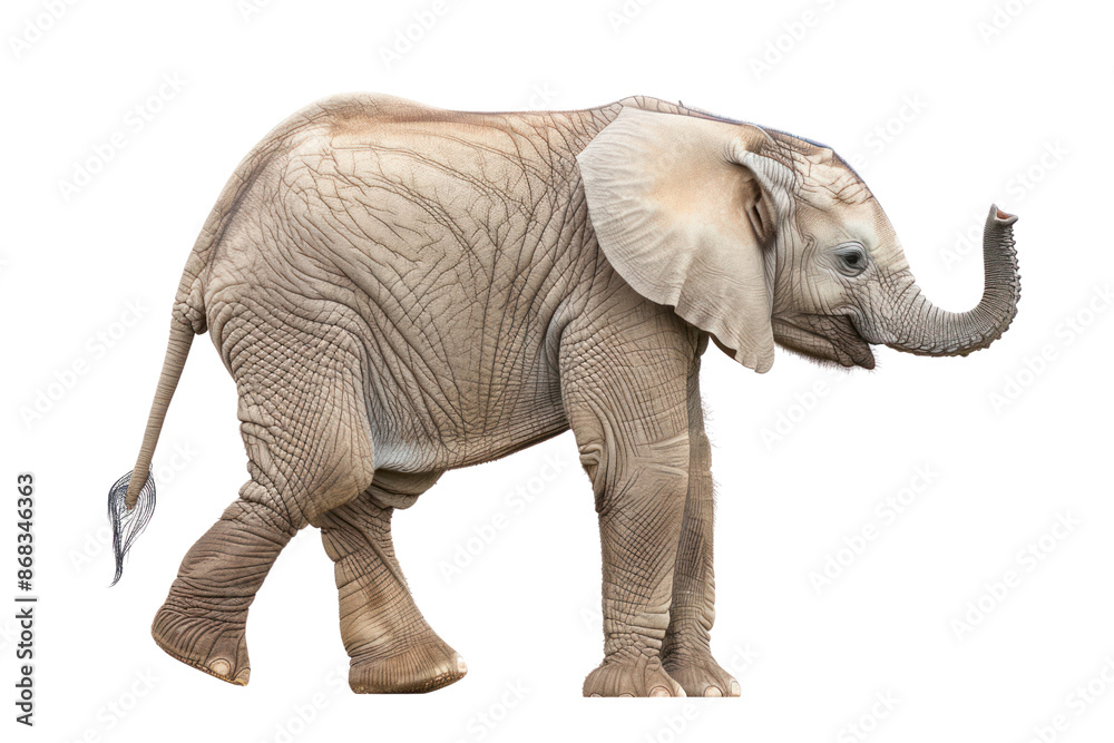 Fototapeta premium Side view of a young African elephant isolated on a white background, showing its texture and detail in a natural pose.