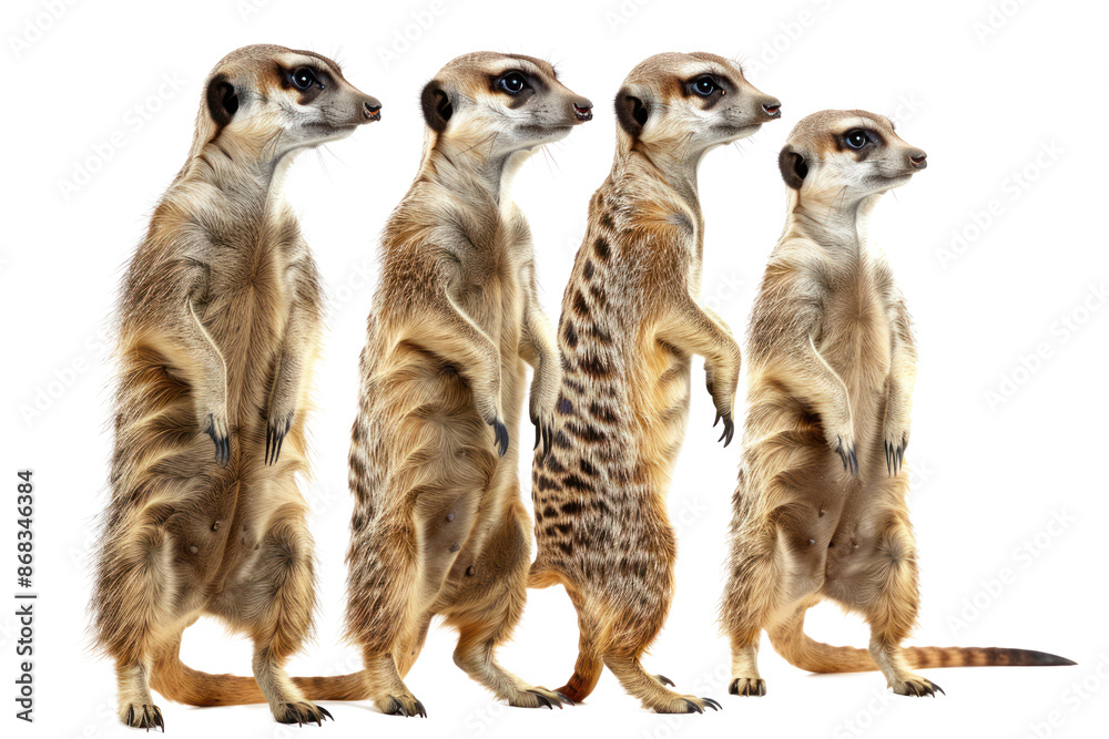 A group of four meerkats standing upright in a row, showcasing their characteristic alert stance and social behavior.