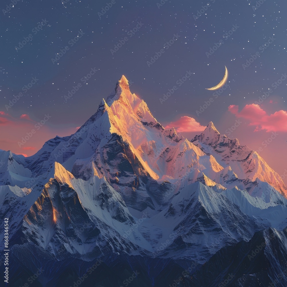 Majestic snow-capped mountain under a starlit sky, crescent moon rising, pink clouds on horizon, peaks glowing in sunset light, serene and ethereal landscape. Majestic snow-capped mountain under a starlit sky, crescent moon rising, pink clouds on horizon, peaks glowing in sunset light, serene and ethereal landscape.
