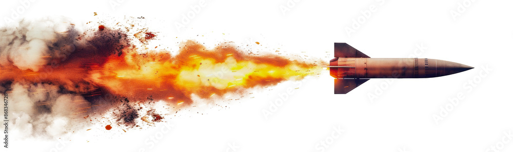 A missile with a fiery trail blazing through the sky, cut out - stock png. A missile with a fiery trail blazing through the sky, cut out - stock png.