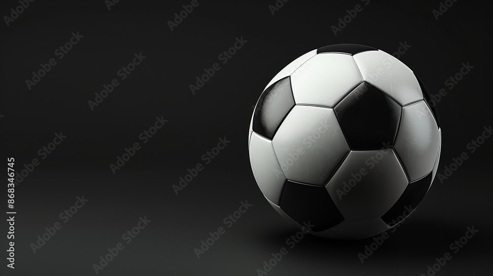 Fototapeta premium Classic soccer ball on a black background, sports attire on the right, ample open space for text, sleek banner concept.