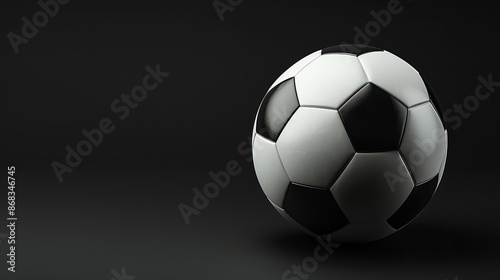 Classic soccer ball on a black background, sports attire on the right, ample open space for text, sleek banner concept.