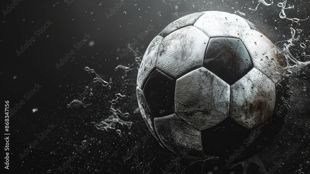 Fototapeta premium Banner design with a classic soccer ball, black background, sports attire on the right, ample text space.