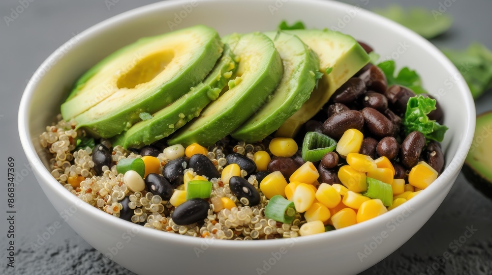 A bowl of food with a variety of ingredients including corn, beans, and avocados
