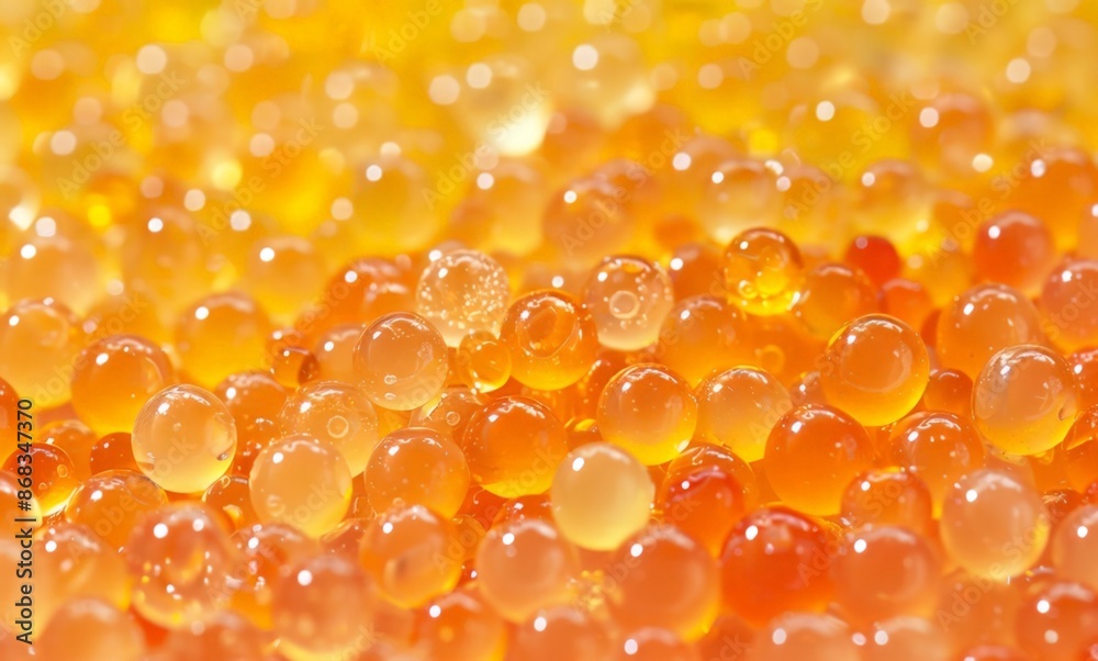 Bright Orange Bubbles: Close-up of Shiny, Transparent Bubbles in a Yellowish-Orange Liquid