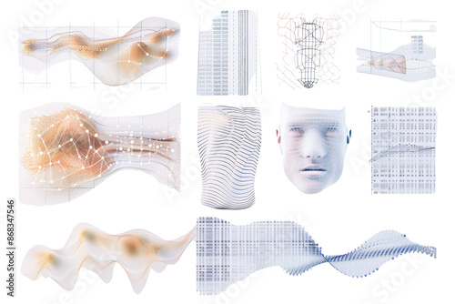 Abstract representation of digital data, neural networks, and human face in mesh and waveforms, symbolizing artificial intelligence and technology. photo