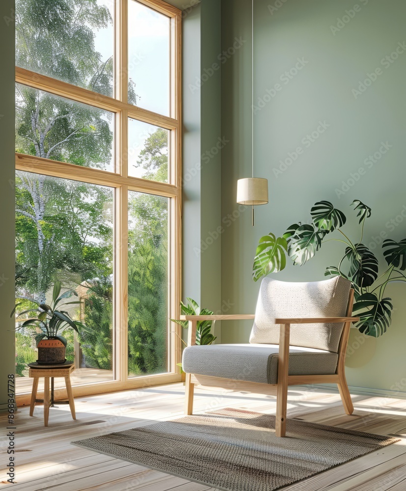 Fototapeta premium Light wood furniture and large windows in a minimalist room with a green wall. --ar 5:6 Job ID: 97f2c5ed-b475-4989-8073-864b24e7ccfa