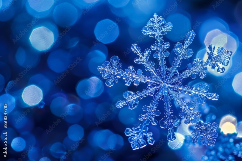 Crystal Clear Snowflake Against a Blurred Blue Background Crystal Clear Snowflake Against a Blurred Blue Background